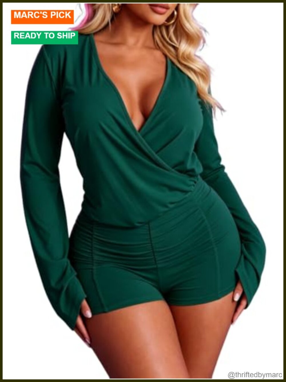 Women's V Neck Ruched Short Jumpsuit Long Bell Sleeve Club Outfit